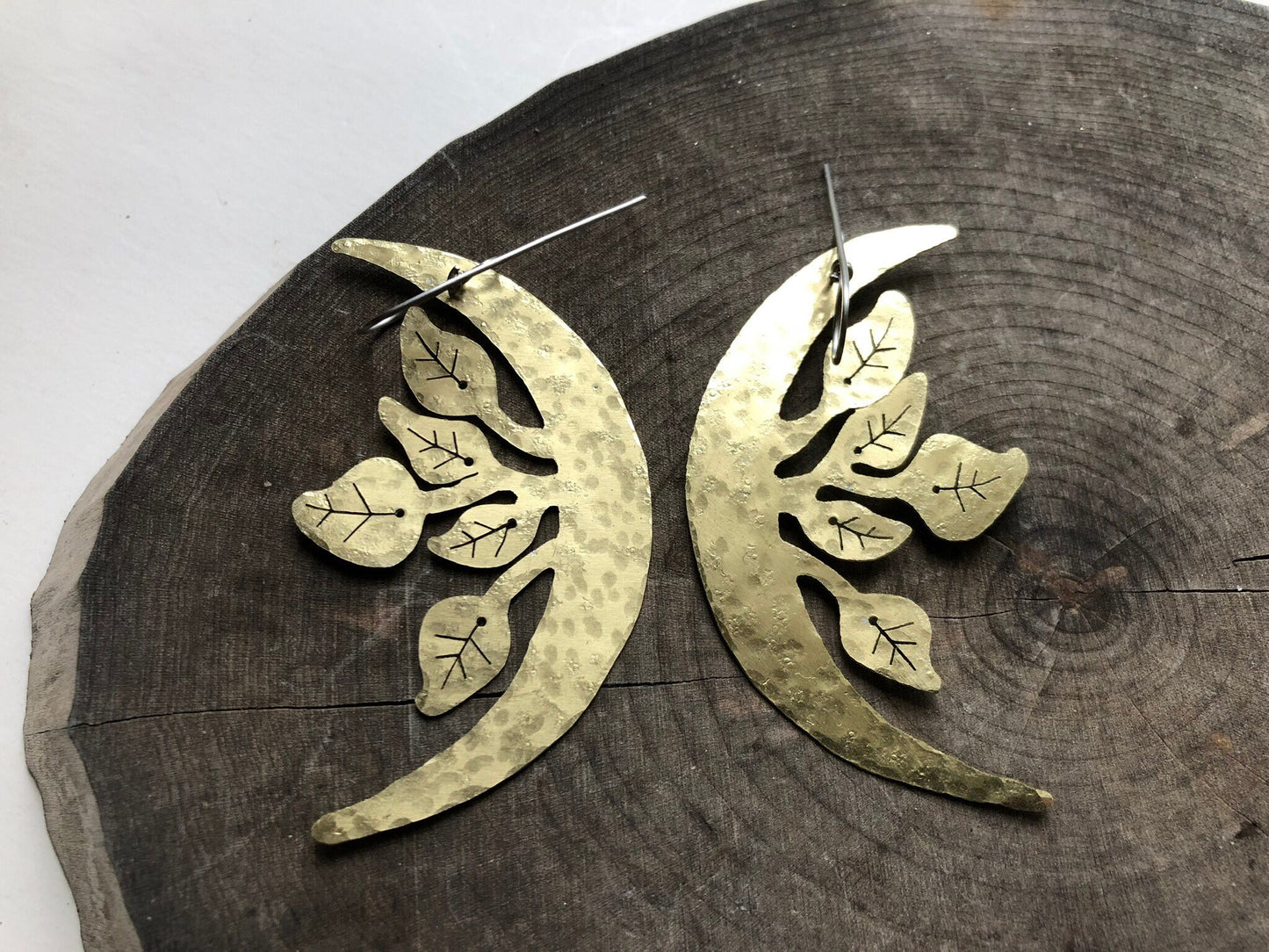 crescent moon and leaf earrings, Luna garden earrings