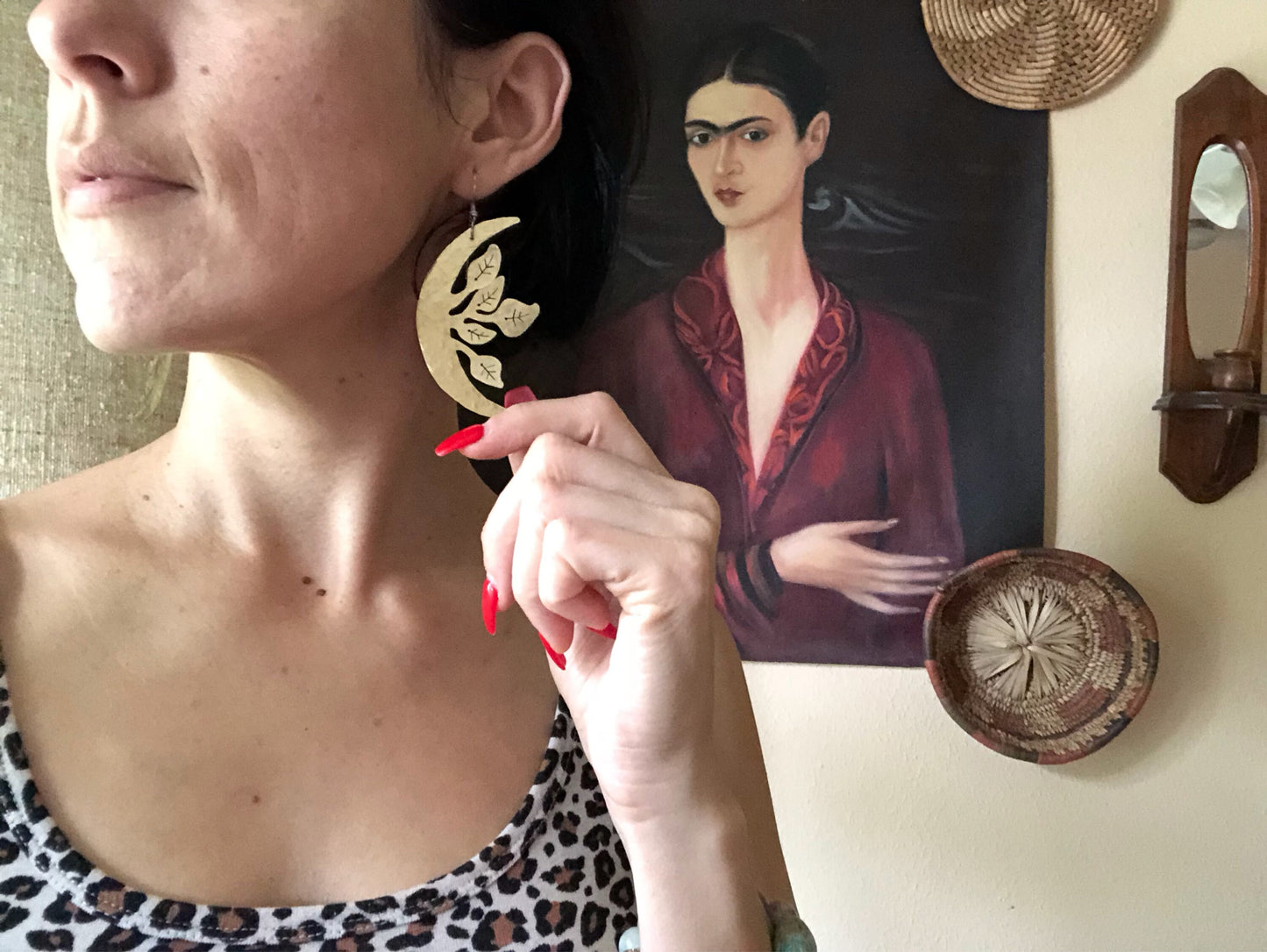 crescent moon and leaf earrings, Luna garden earrings