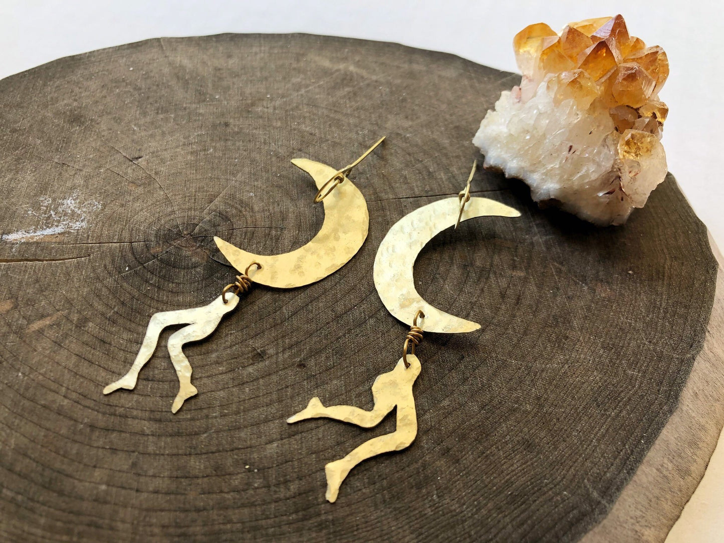 Handmade Crescent Moon Leg Earrings: Brass Lunar Jewelry, leggy Luna earrings
