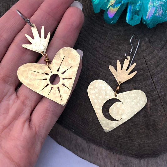 Sacred Heart Celestial Earrings: Sun and Moon, Handmade