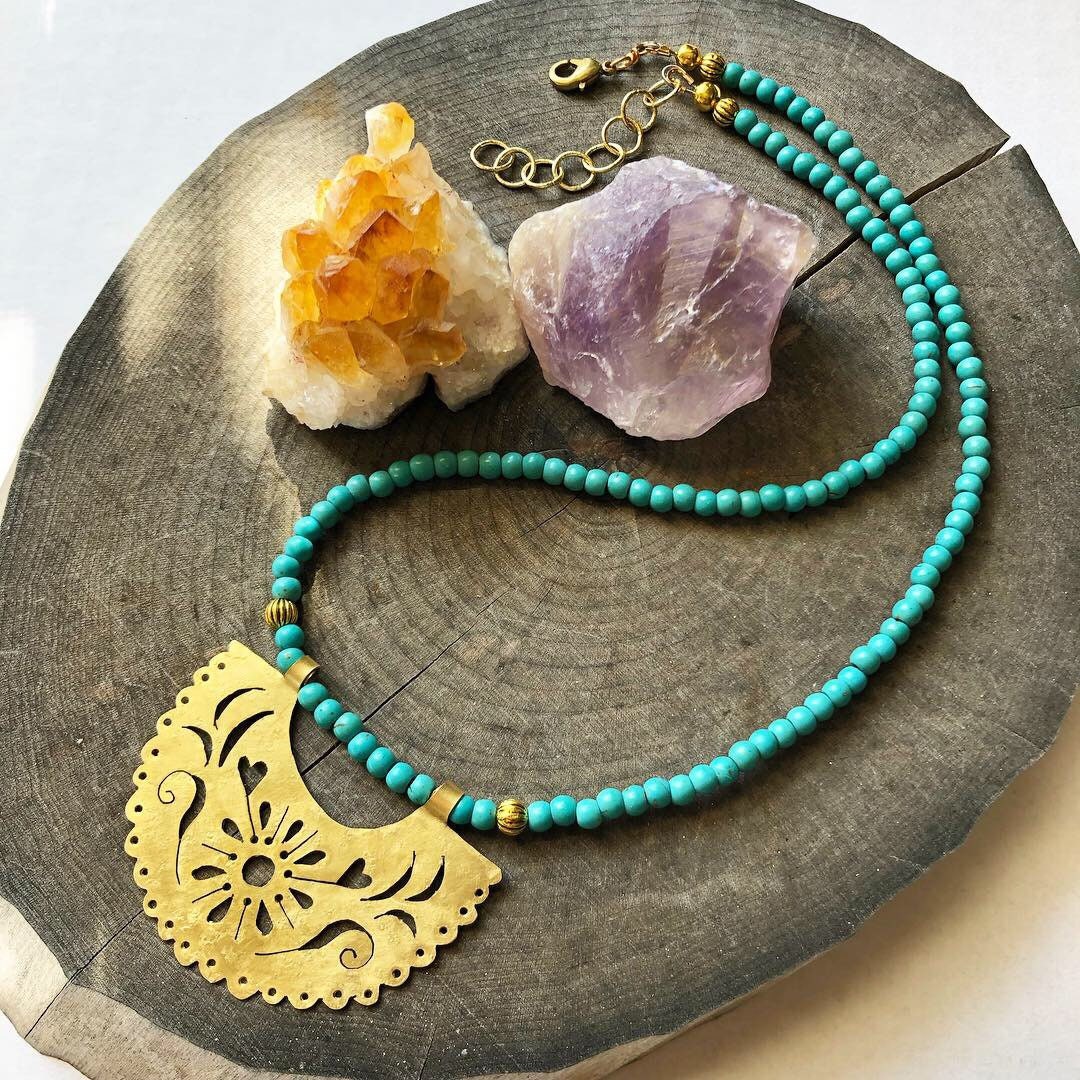 Papel Picado Brass Necklace: Turquoise Beaded, Handmade