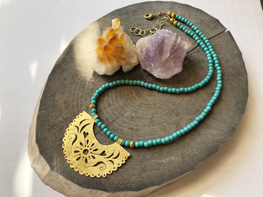 Papel Picado Brass Necklace: Turquoise Beaded, Handmade