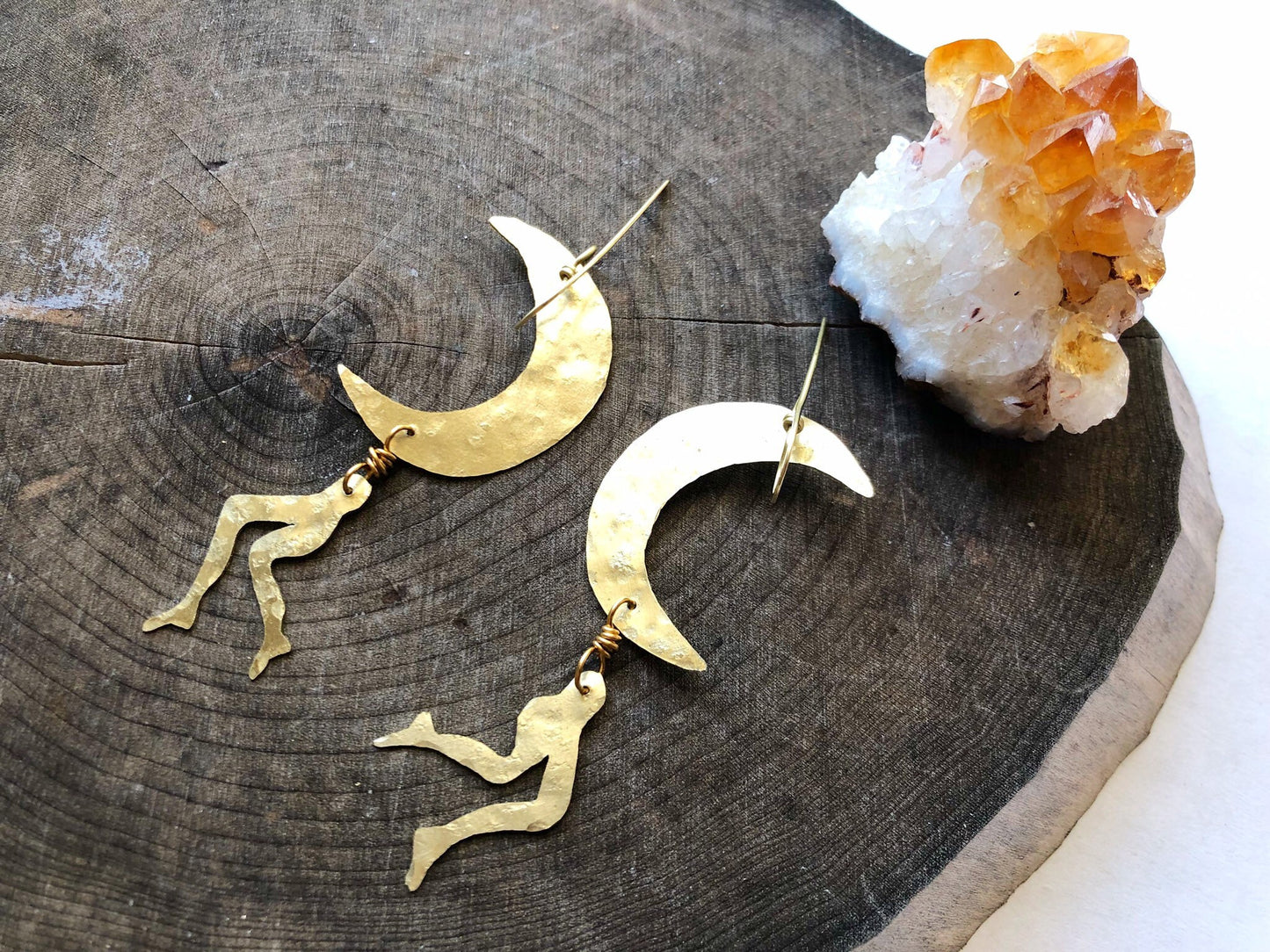 Handmade Crescent Moon Leg Earrings: Brass Lunar Jewelry, leggy Luna earrings