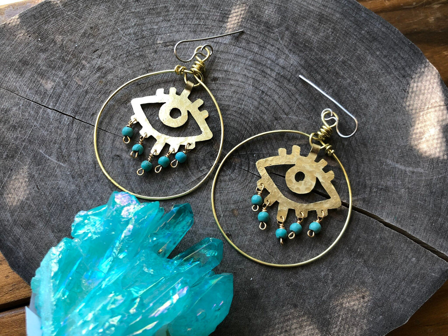 Handmade Brass Eye Earrings: Magnesite Bead Dangle Earrings