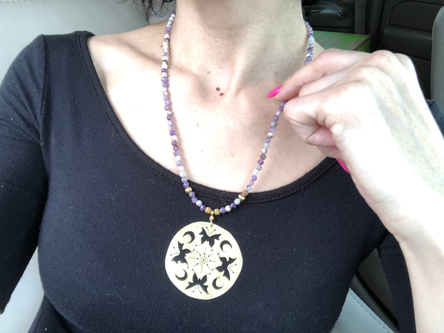 Butterfly Mandala Necklace: Amethyst Beaded Insect Jewelry