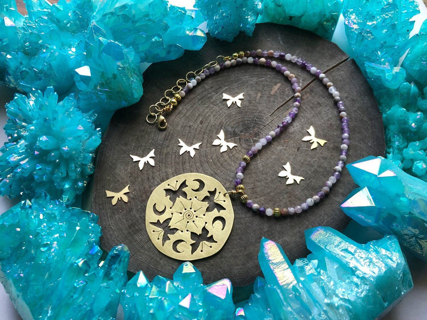 Butterfly Mandala Necklace: Amethyst Beaded Insect Jewelry