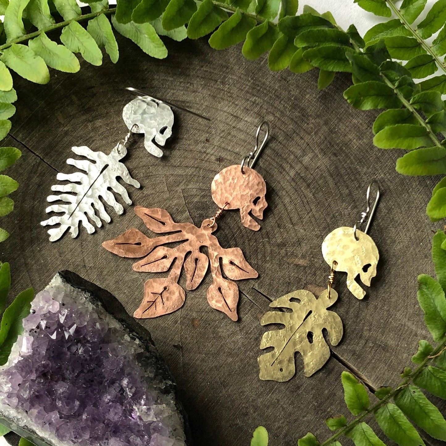 Skull and plant earrings,  Dia De Las Plantas earrings , day of the dead jewelry