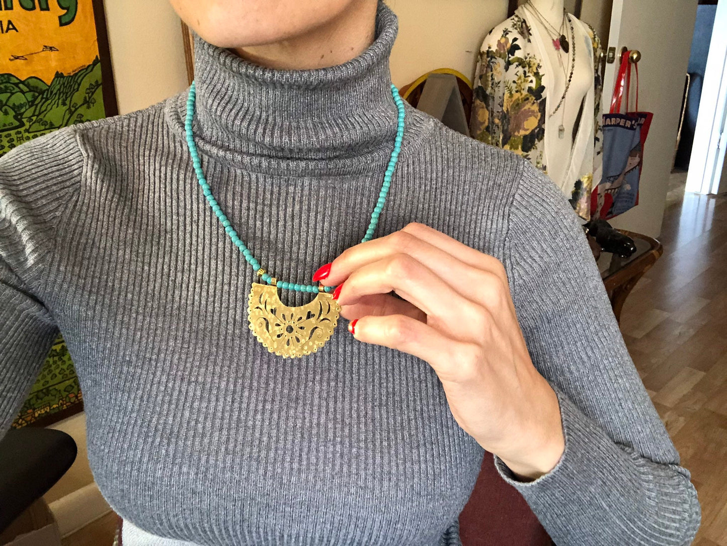 Papel Picado Brass Necklace: Turquoise Beaded, Handmade