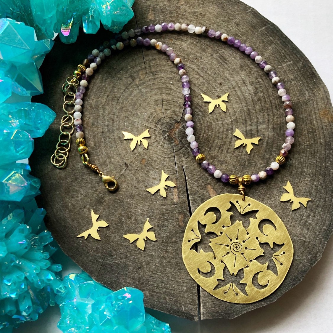 Butterfly Mandala Necklace: Amethyst Beaded Insect Jewelry
