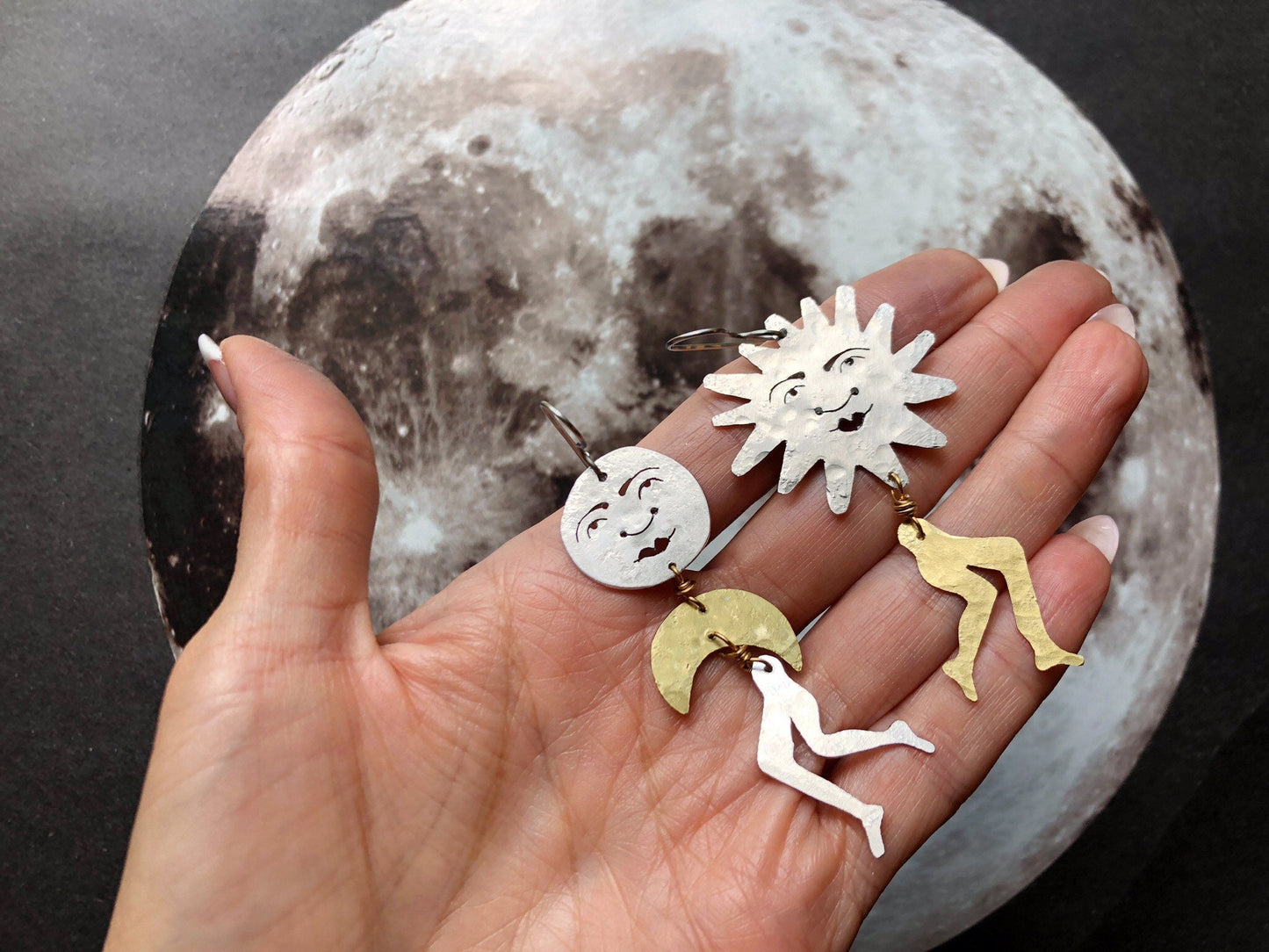 Leggy Luna and Sol Earrings: Handmade Surreal Celestial Jewelry