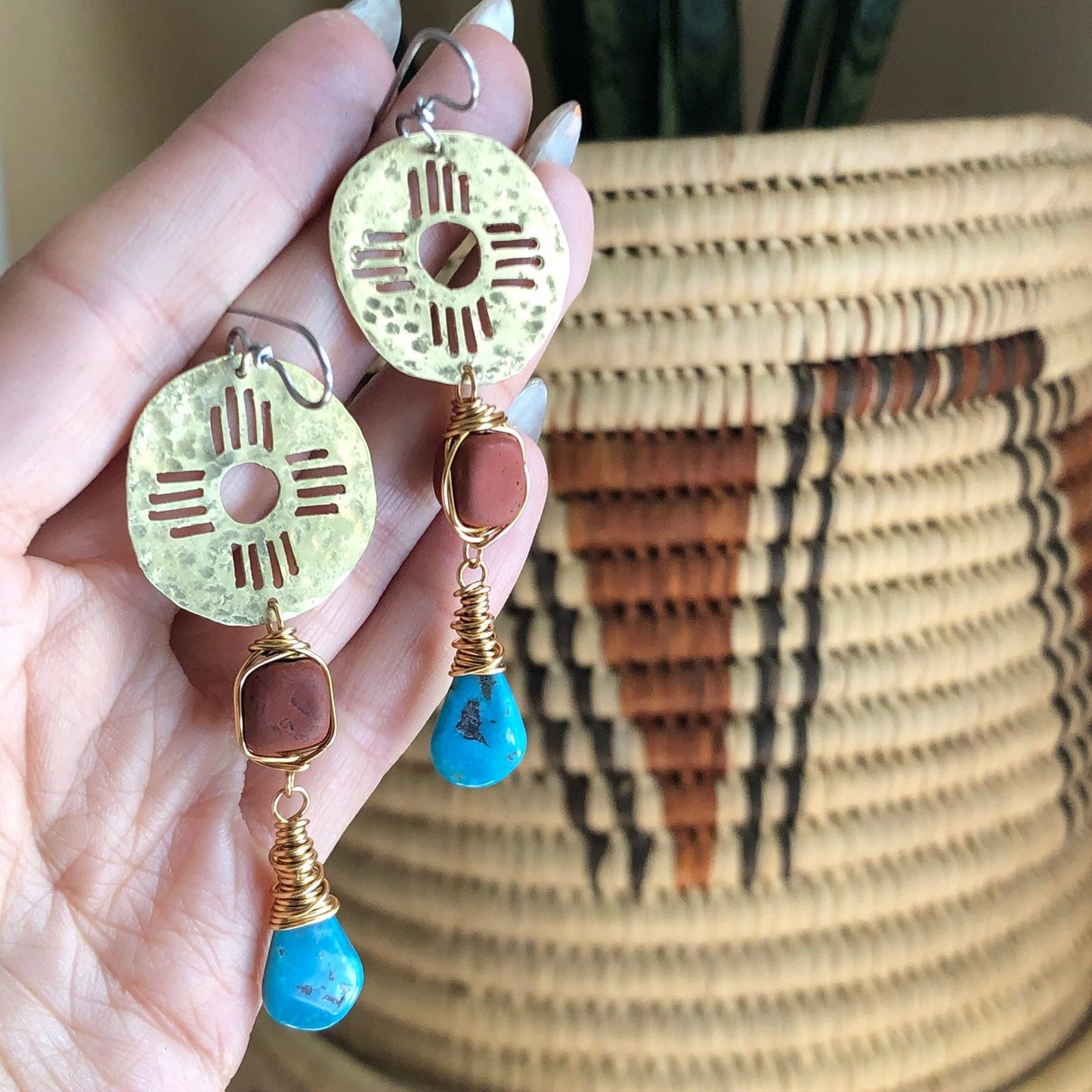 turquoise Zia drop earrings , New Mexico earrings , southwestern jewelry