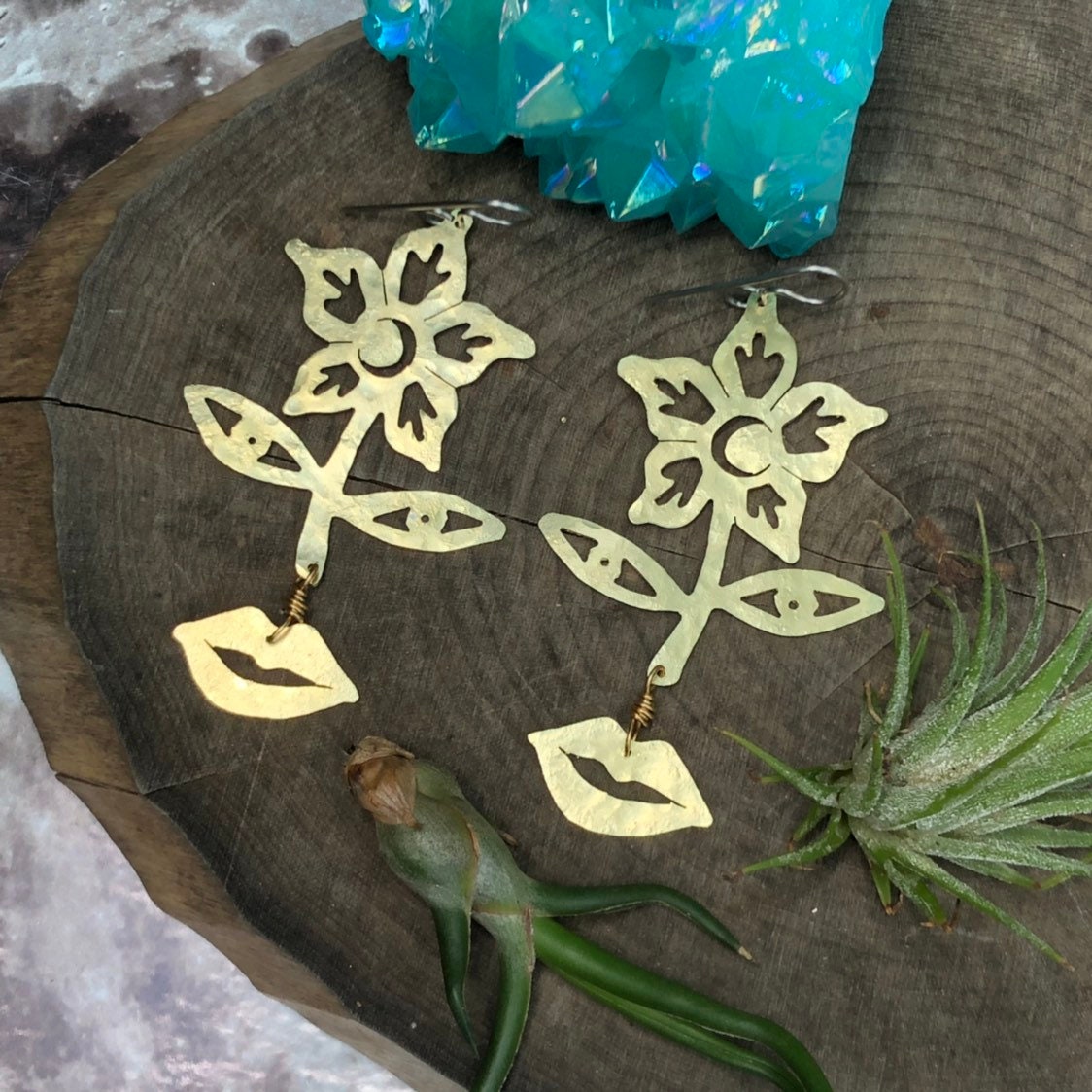 Celestial Flower Face Earrings: Brass Surrealist Jewelry