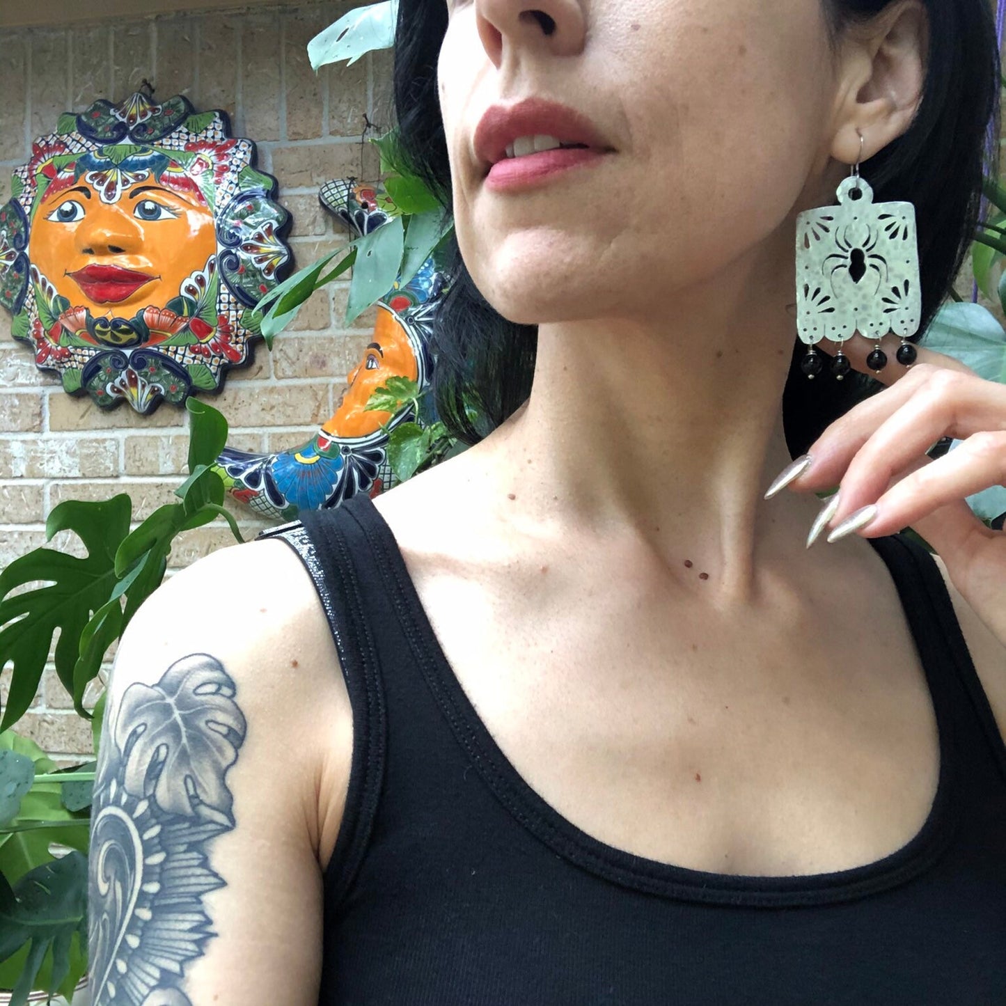 Handmade Metal Papel Picado Spider Earrings with Onyx Beads