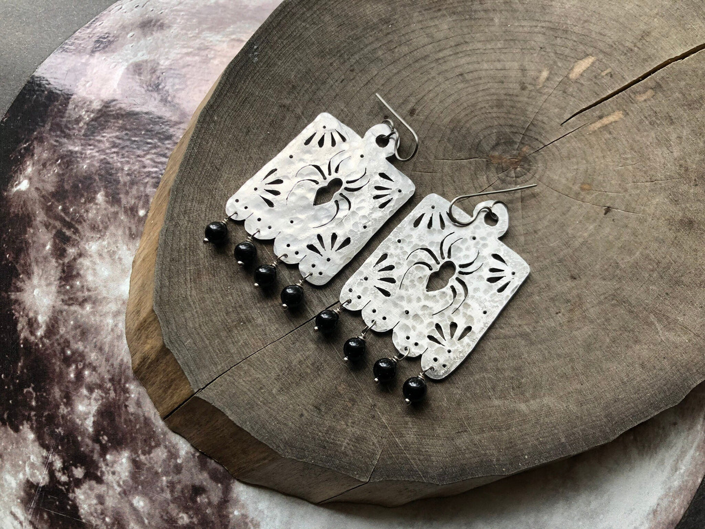 Handmade Metal Papel Picado Spider Earrings with Onyx Beads