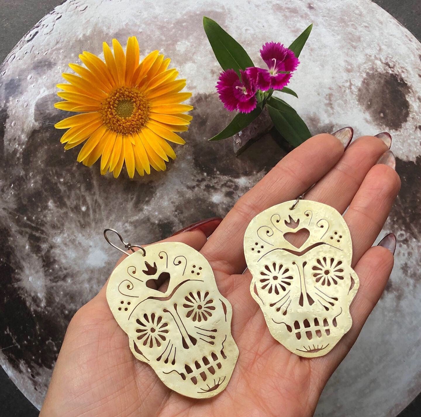 Sugar skull earrings , hand cut sugar skull earrings , day of the dead jewelry