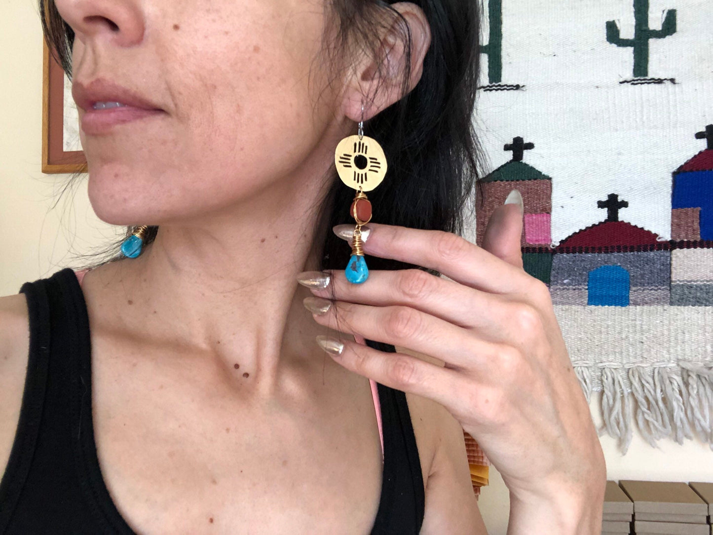 turquoise Zia drop earrings , New Mexico earrings , southwestern jewelry