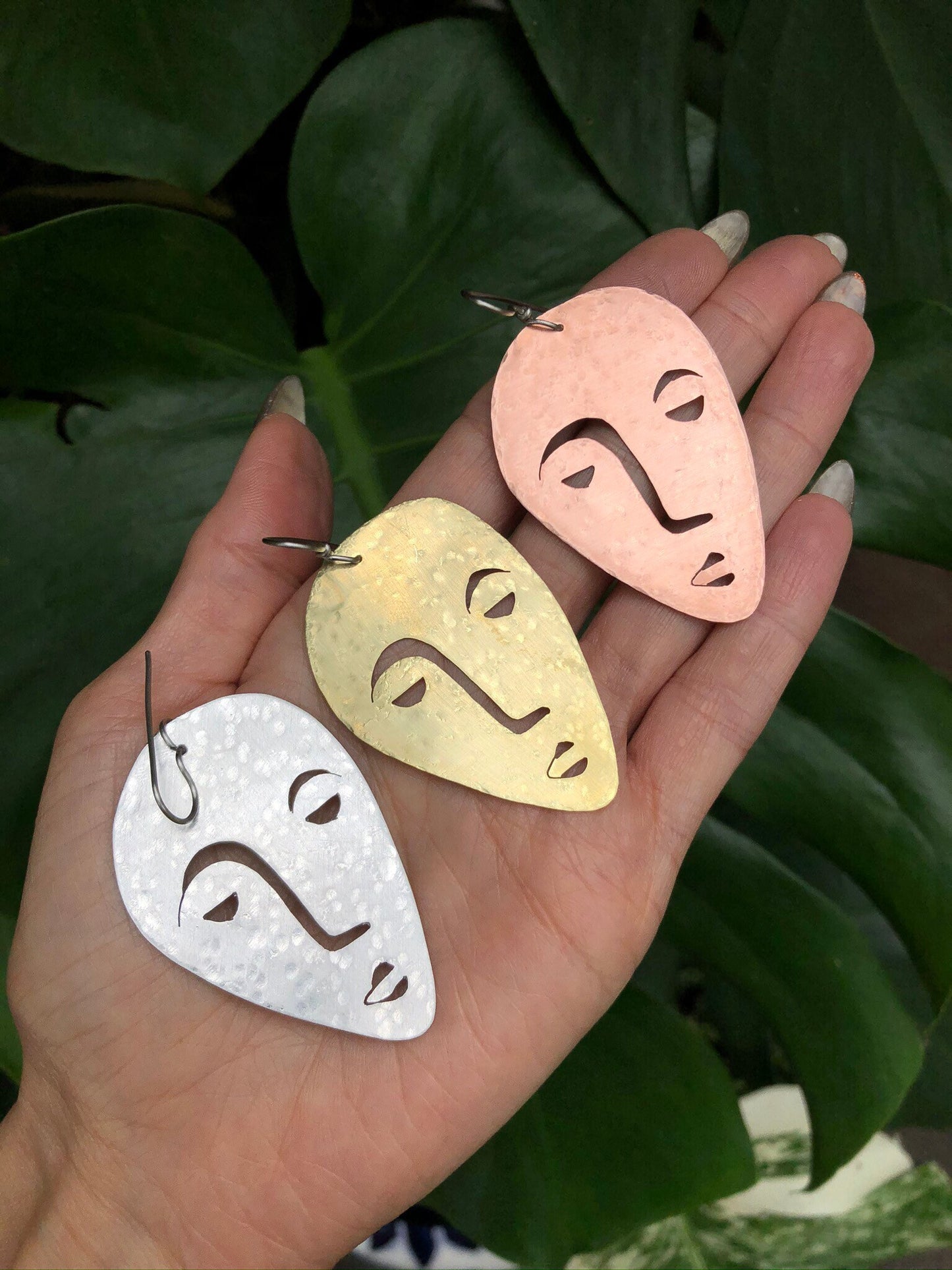 Handmade Surreal Face Earrings: Aluminum, Copper, or Brass