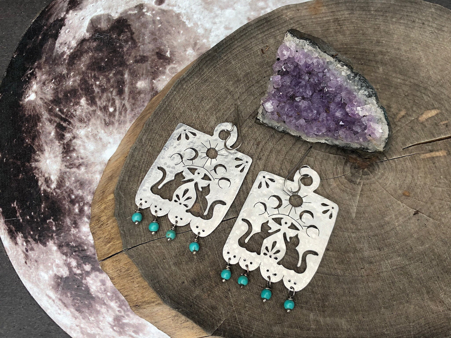 Handmade Papel Picado Cat Earrings: Aluminum Turquoise Bead Dangles