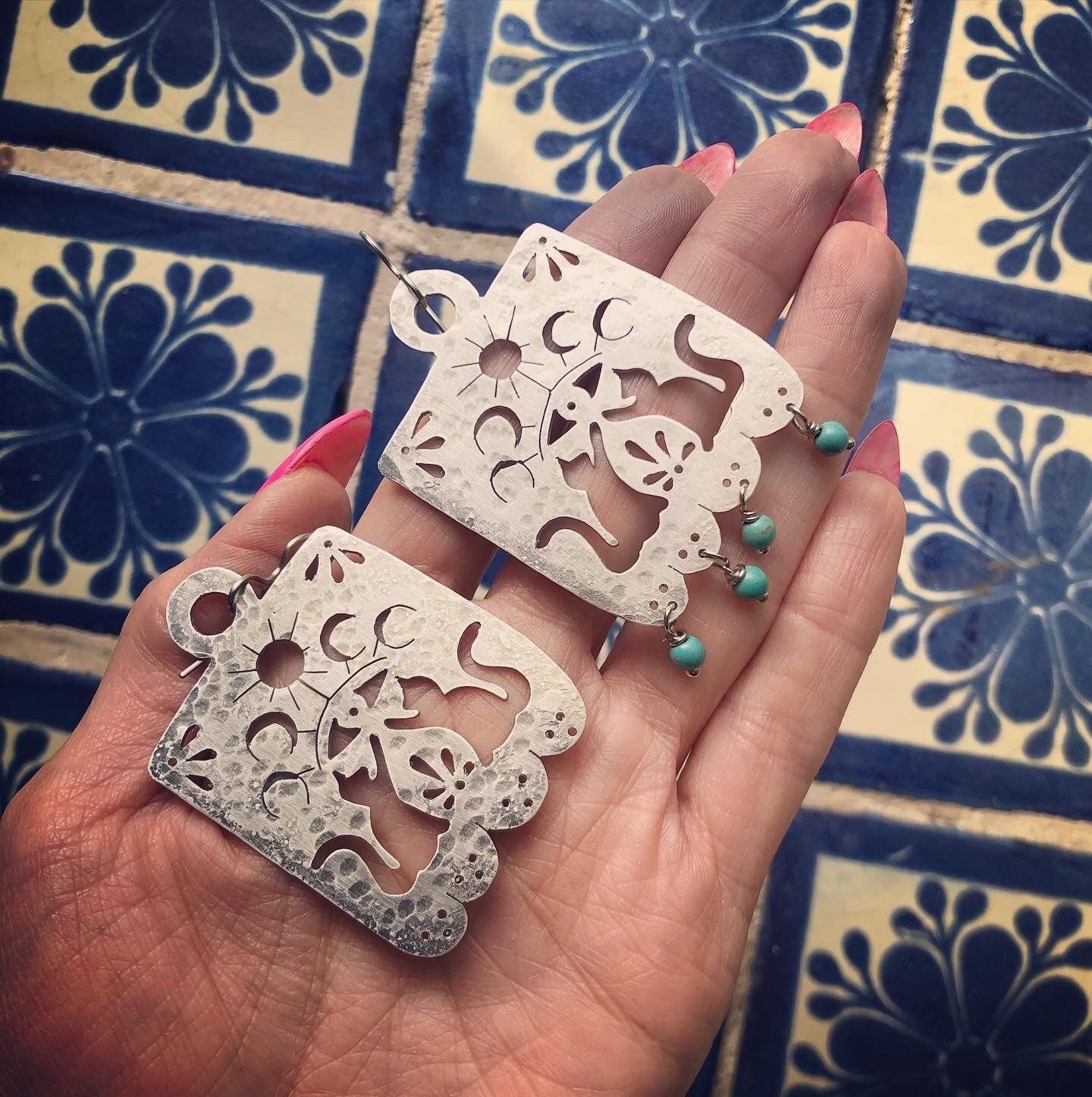 Handmade Papel Picado Cat Earrings: Aluminum Turquoise Bead Dangles