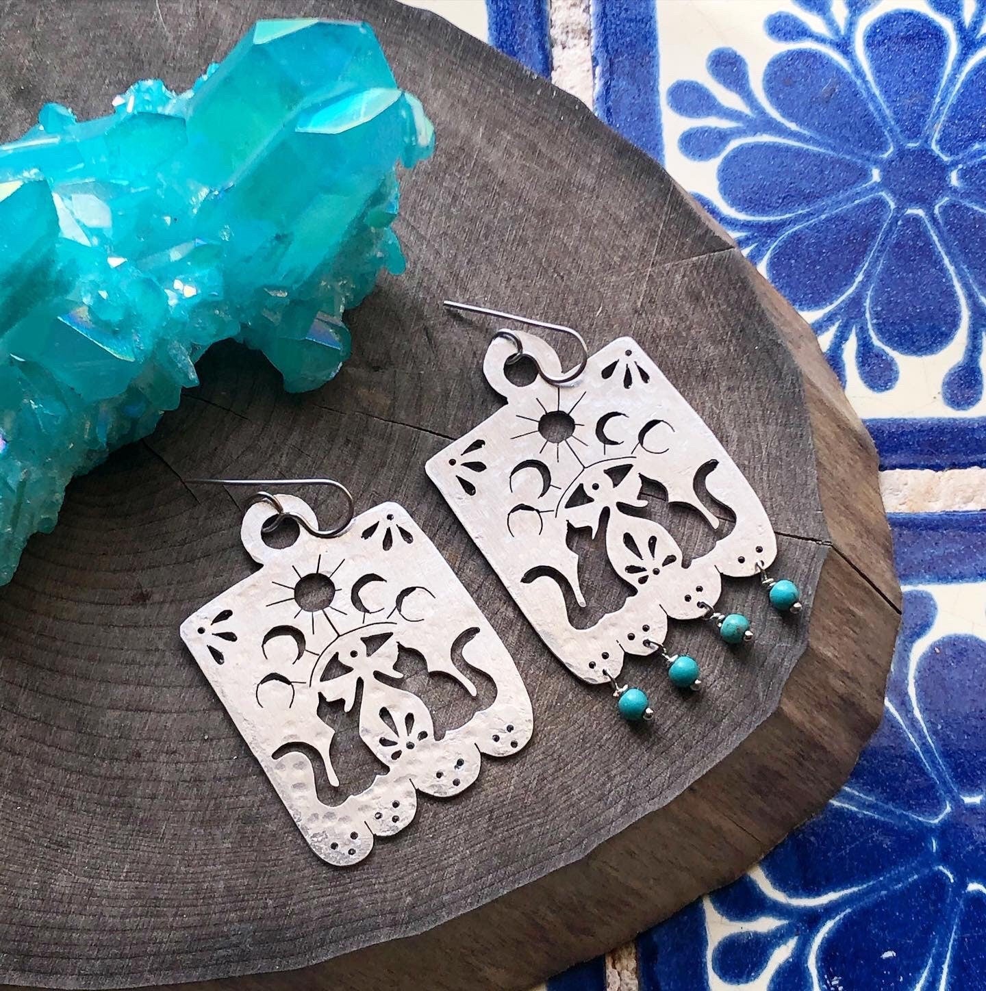 Handmade Papel Picado Cat Earrings: Aluminum Turquoise Bead Dangles