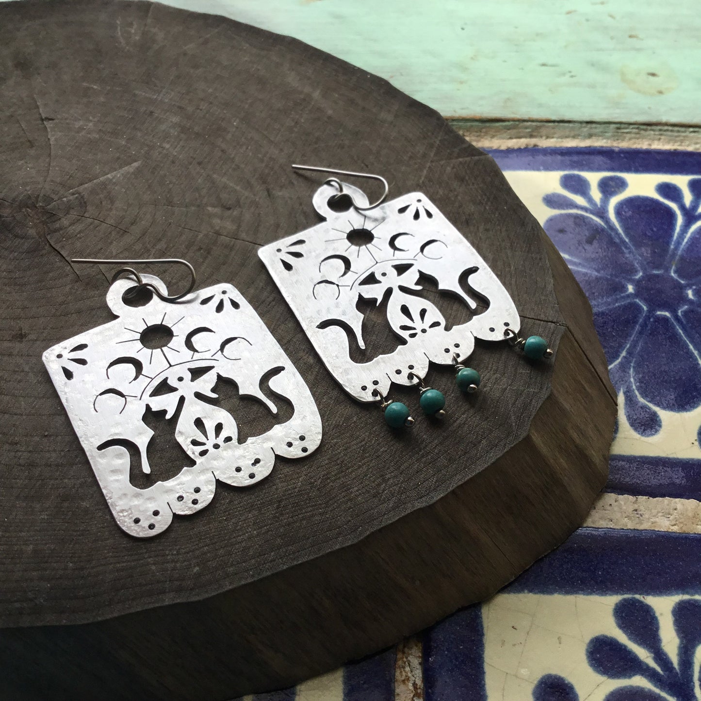 Handmade Papel Picado Cat Earrings: Aluminum Turquoise Bead Dangles