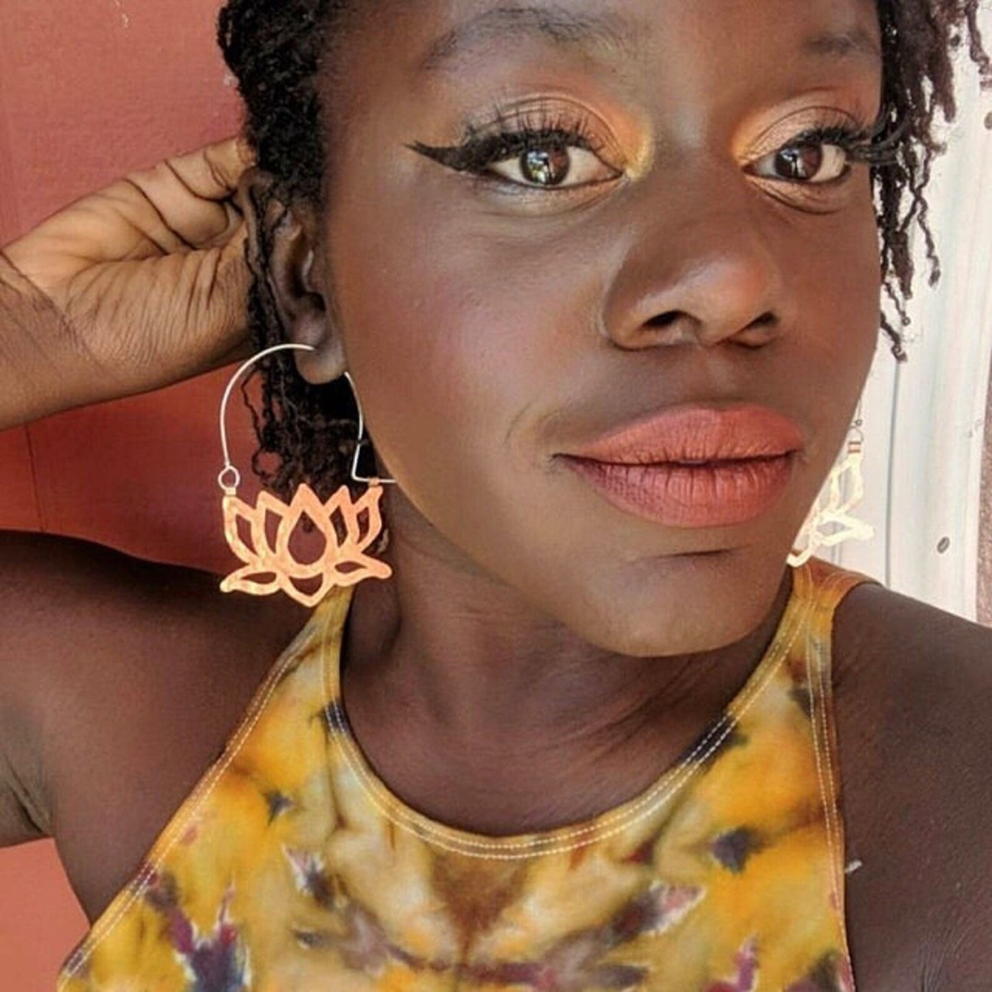 Hammered Metal Lotus Flower Hoop Earrings: Handmade Aluminum Jewelry