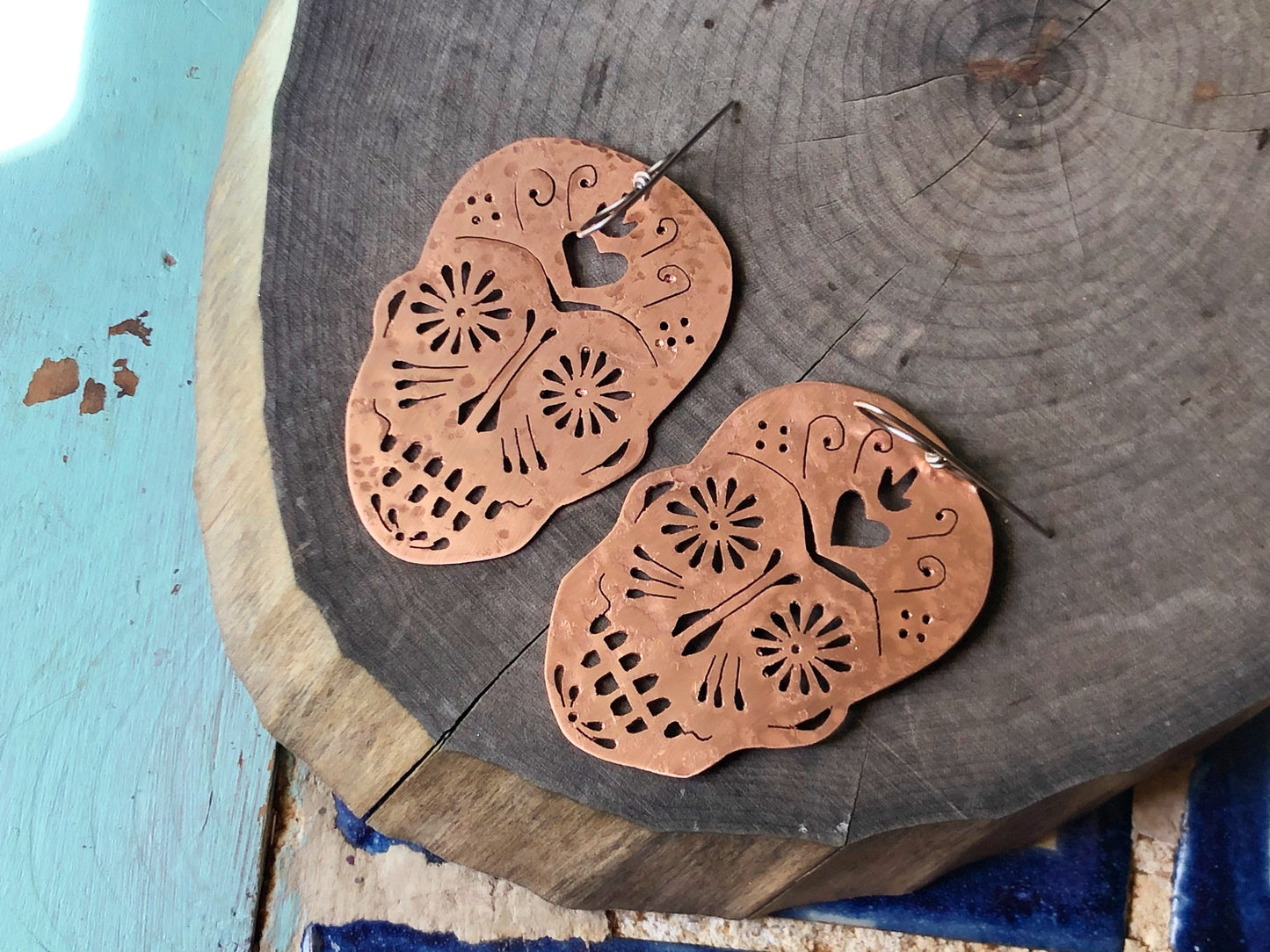 Sugar skull earrings , hand cut sugar skull earrings , day of the dead jewelry