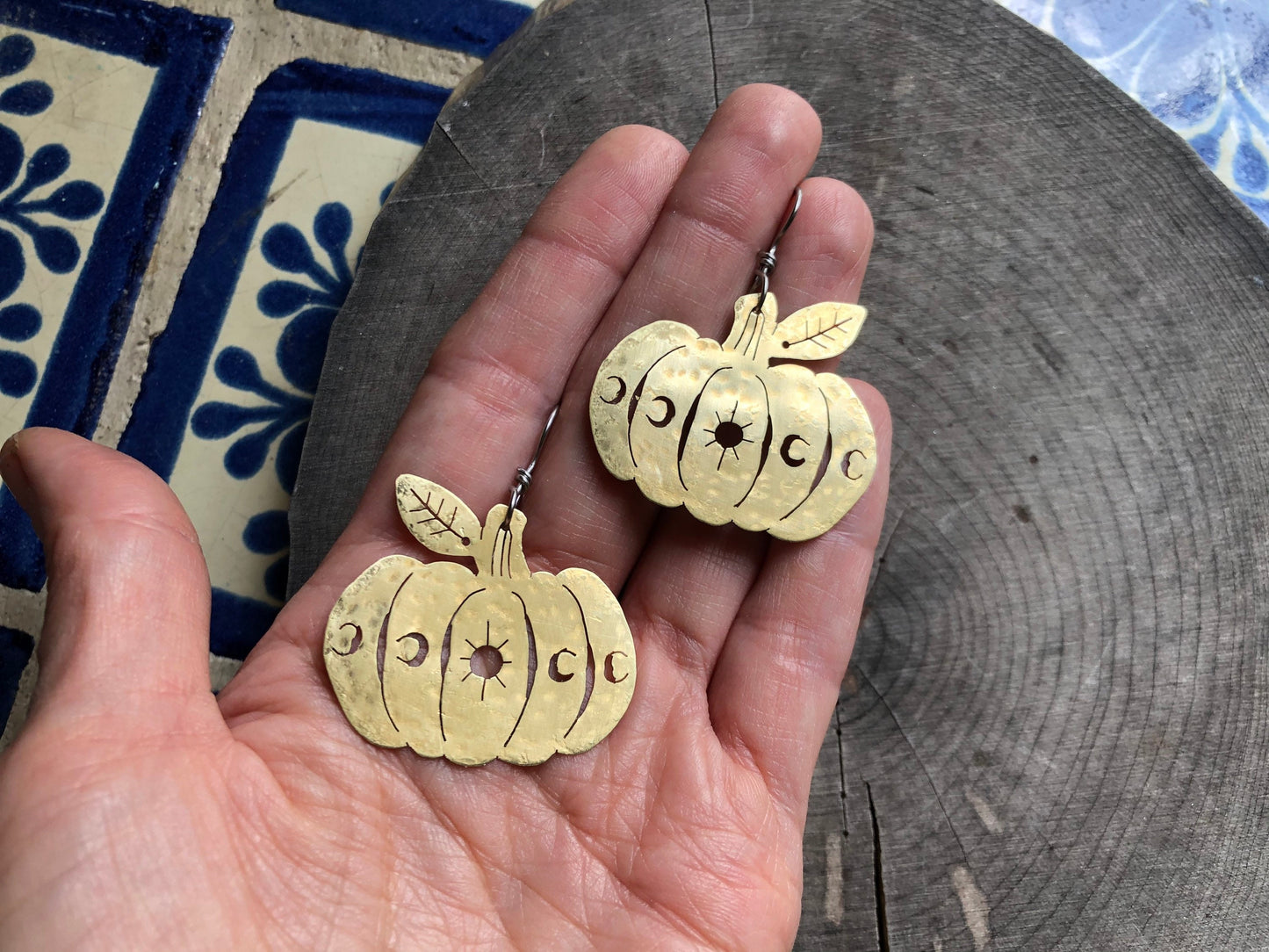 Handmade Celestial Pumpkin Earrings: Moon Phase Jewelry