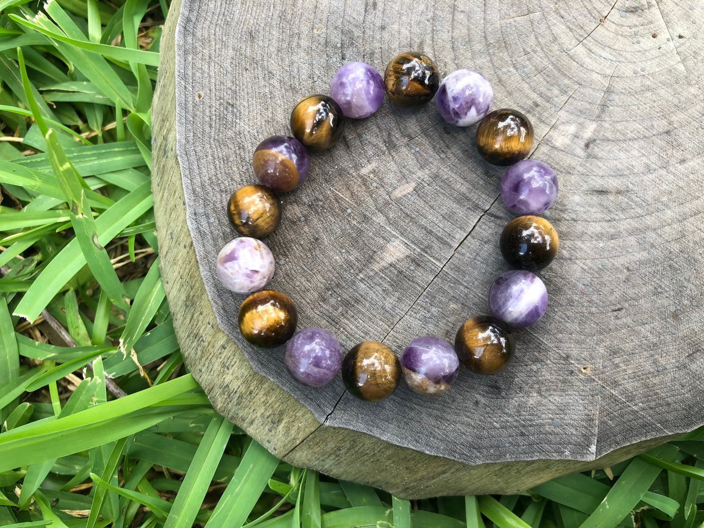 Amethyst & Tiger Eye Stretch Bracelet: Handmade Gemstone Jewelry