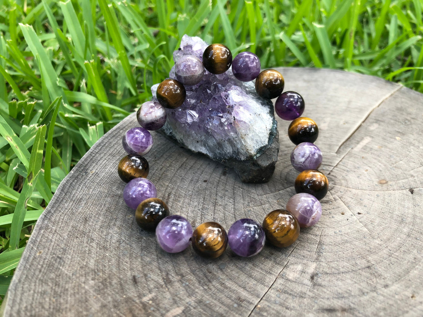 Amethyst & Tiger Eye Stretch Bracelet: Handmade Gemstone Jewelry