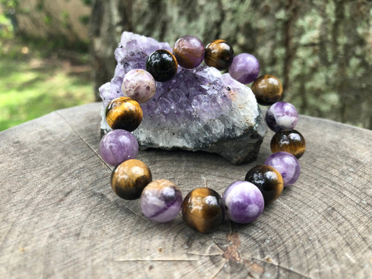 Amethyst & Tiger Eye Stretch Bracelet: Handmade Gemstone Jewelry