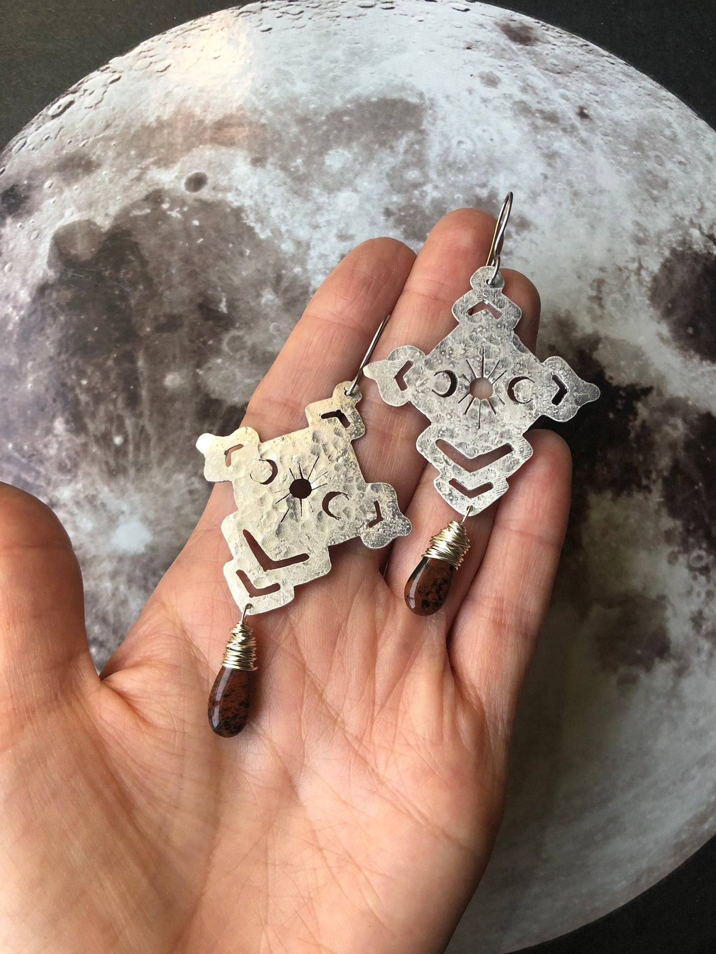 Solar phase earrings , Celestial brass and stone earrings