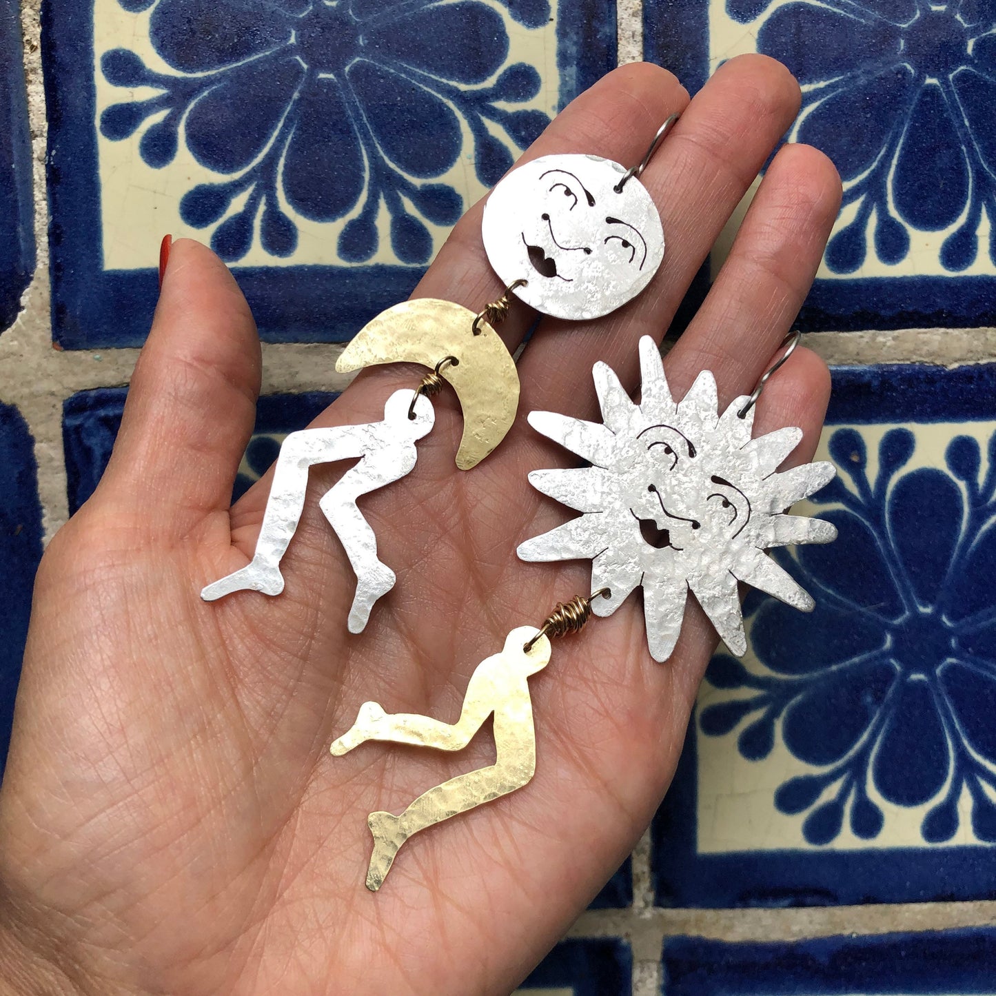 Leggy Luna and Sol Earrings: Handmade Surreal Celestial Jewelry