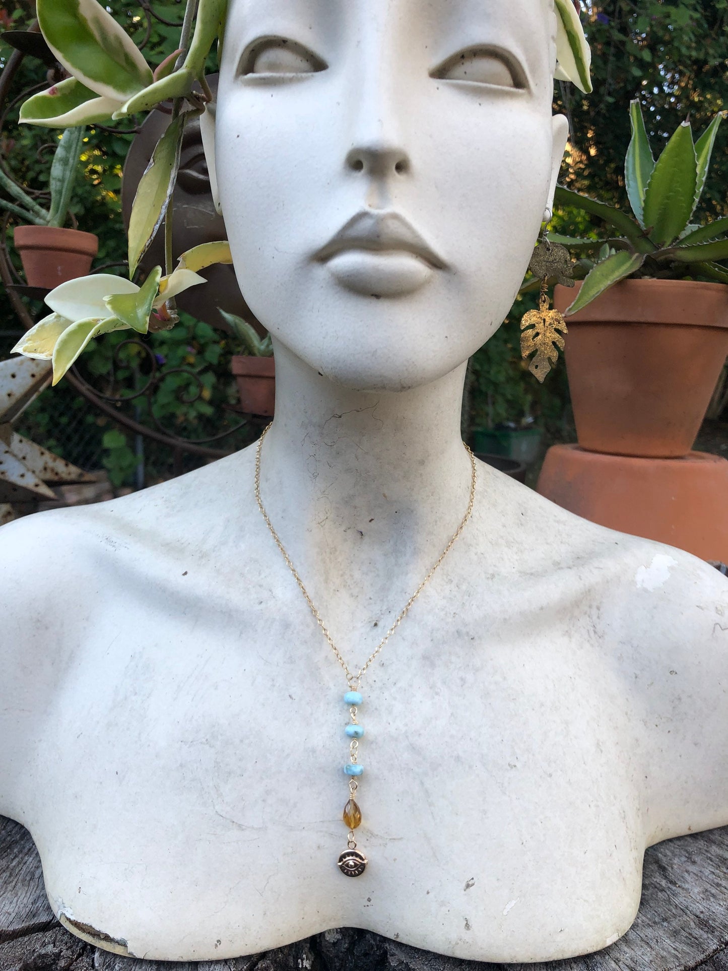 Evil eye lariat necklace, larimar y necklace