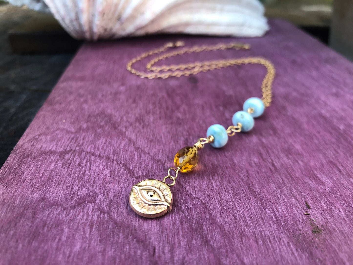Evil eye lariat necklace, larimar y necklace