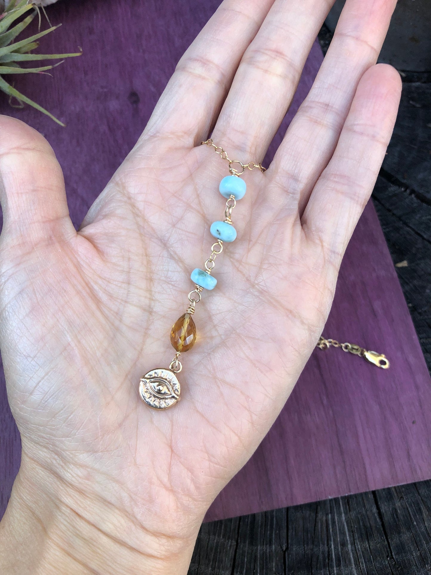 Evil eye lariat necklace, larimar y necklace