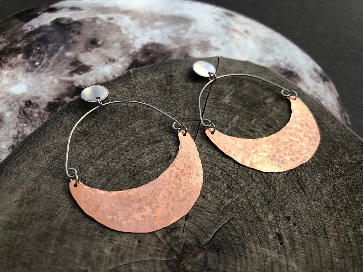 Hammered Copper Crescent Moon Earrings: Handmade Celestial Jewelry