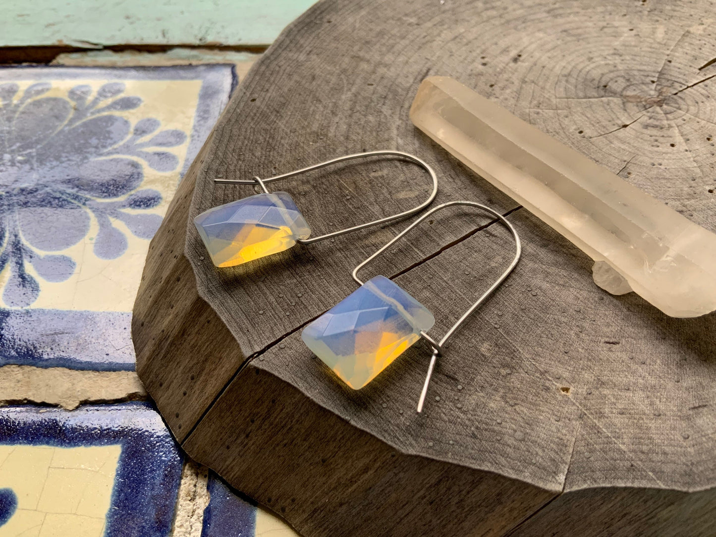 Modern Opalite Quartz hoop earrings, glowing stone hoops