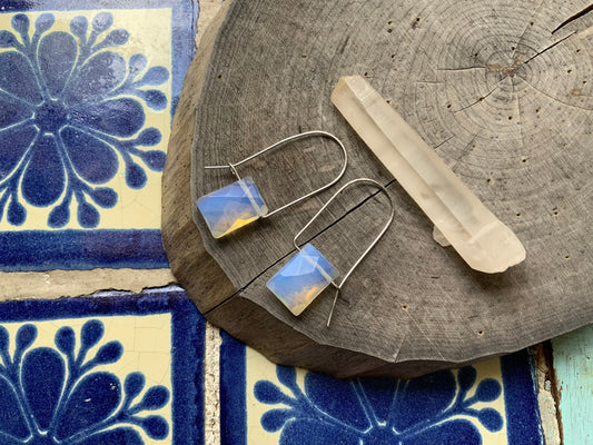 Modern Opalite Quartz hoop earrings, glowing stone hoops