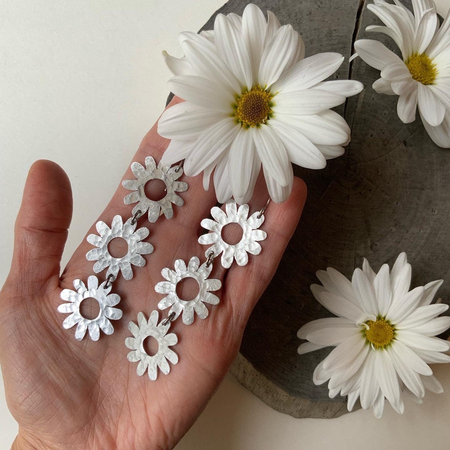 Handmade Daisy Dangle Earrings: Mixed Metal Flower Power