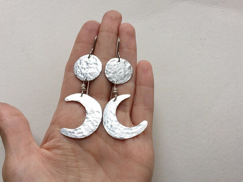 Handmade Sun and Moon Dangle Earrings: Mixed Metal Celestial Jewelry