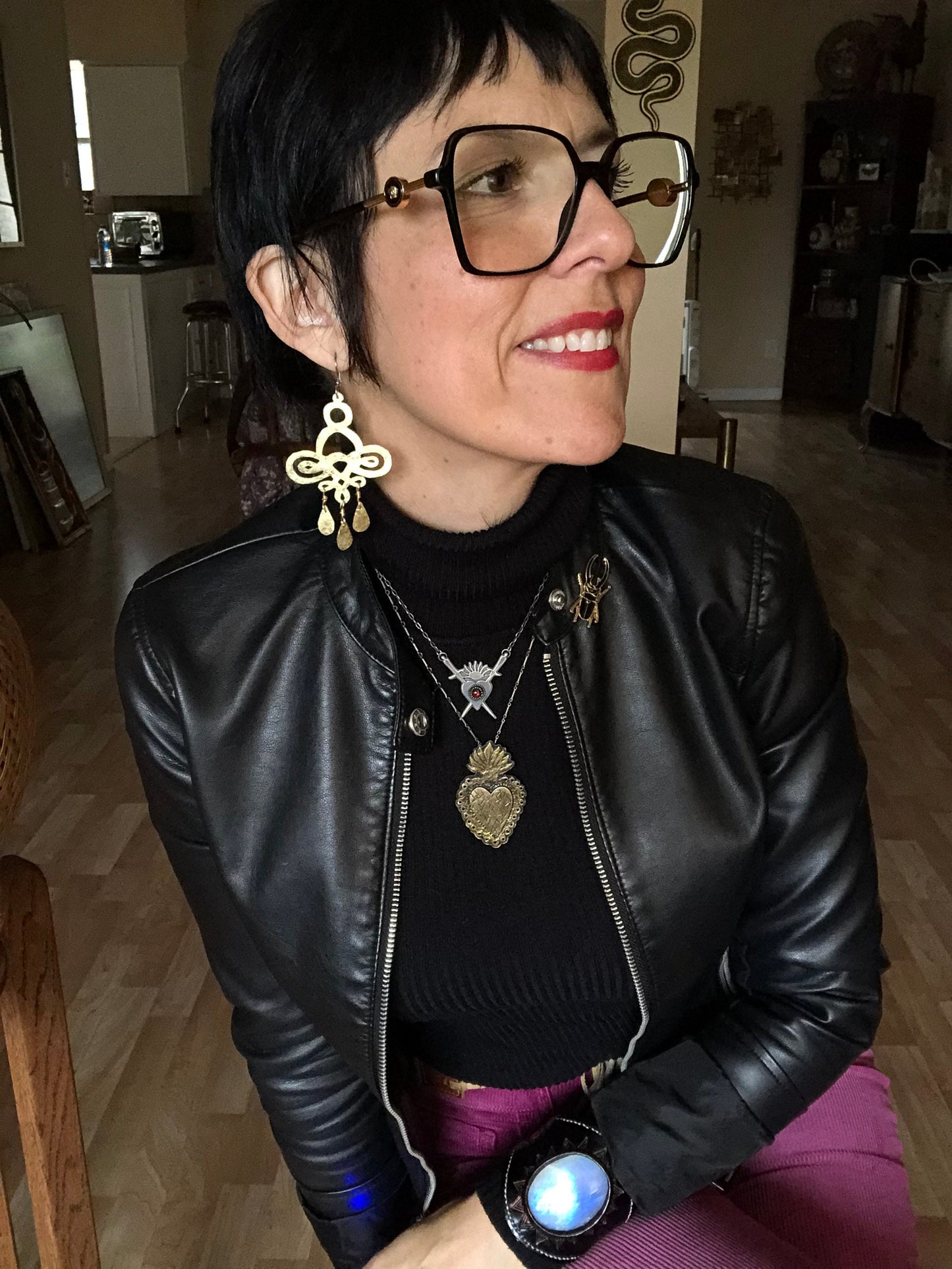 Handmade Hammered Brass Chandelier Earrings: Large Scroll Design