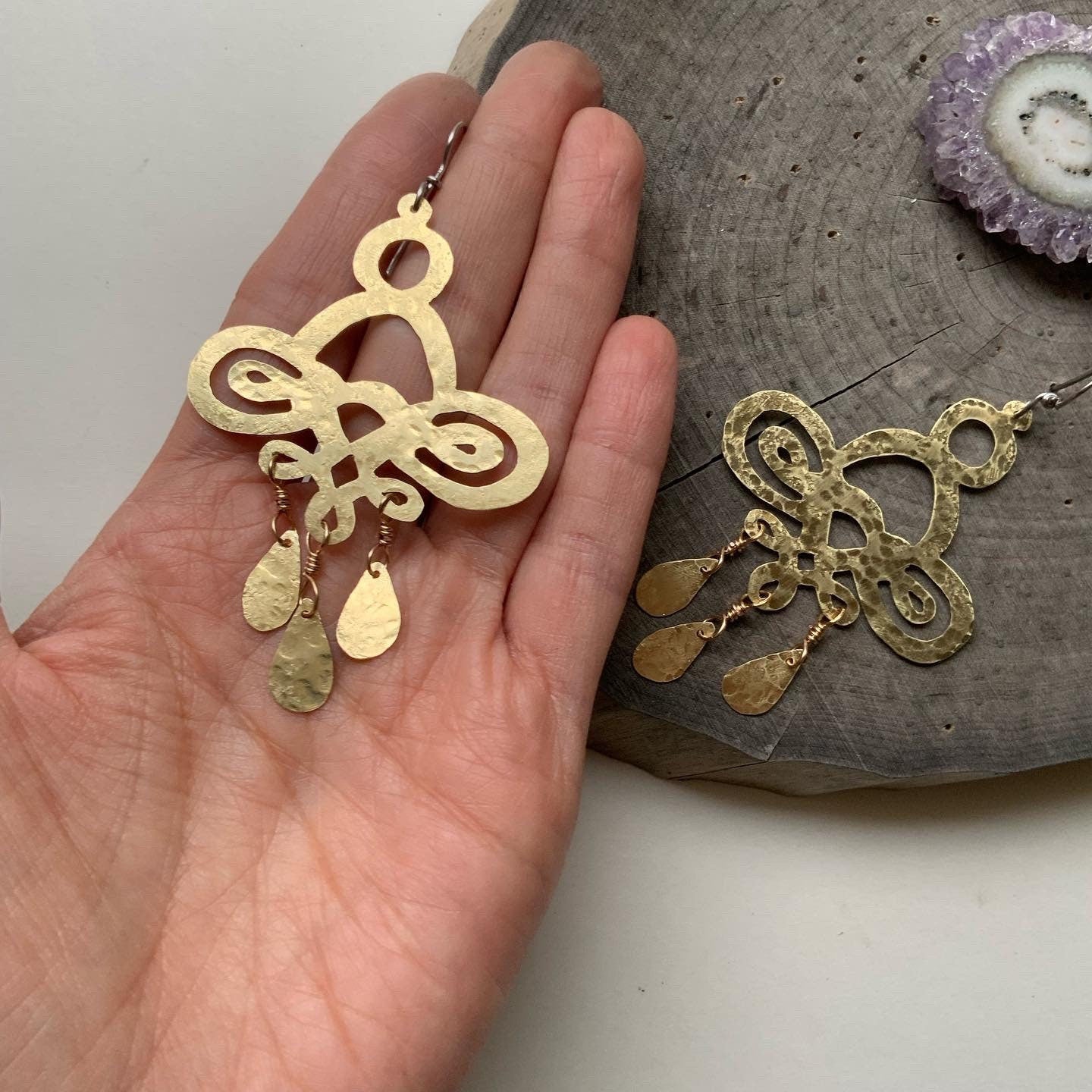 Handmade Hammered Brass Chandelier Earrings: Large Scroll Design