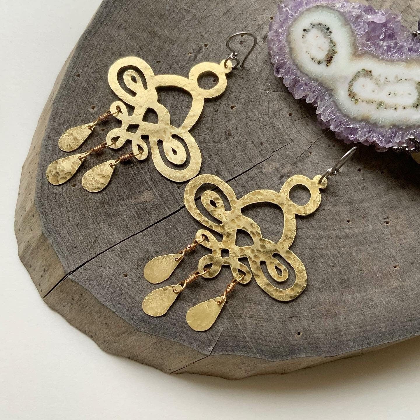 Handmade Hammered Brass Chandelier Earrings: Large Scroll Design
