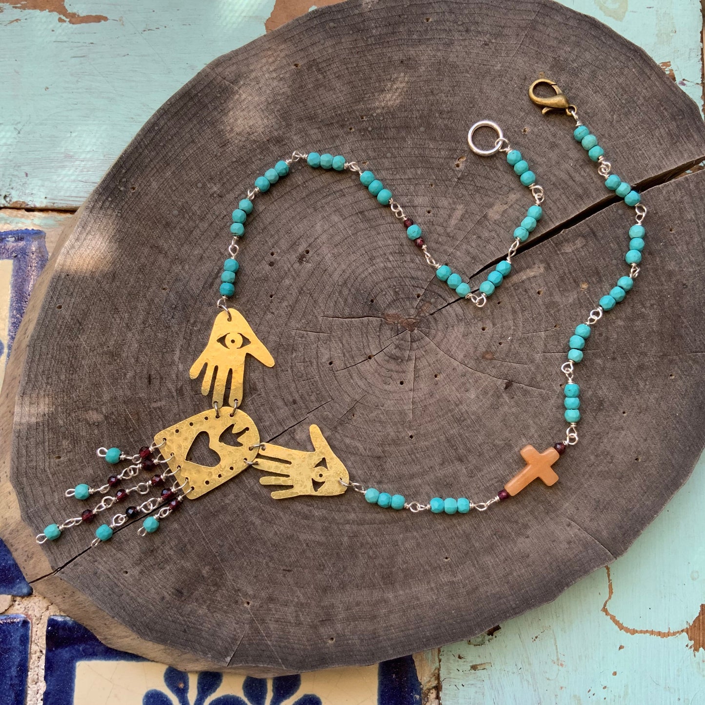 Brass Sacred Heart Necklace: Garnet Fringe, Mexican Folk Art