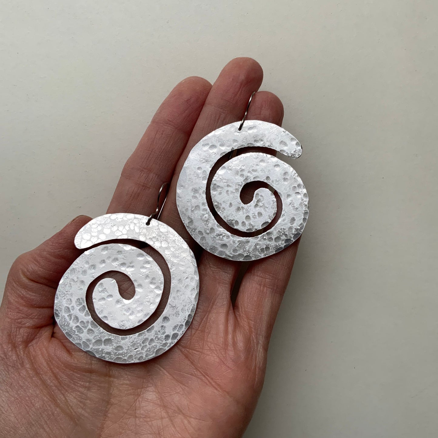 Handmade Big Spiral Dangle Earrings: Aluminum, Copper or Brass