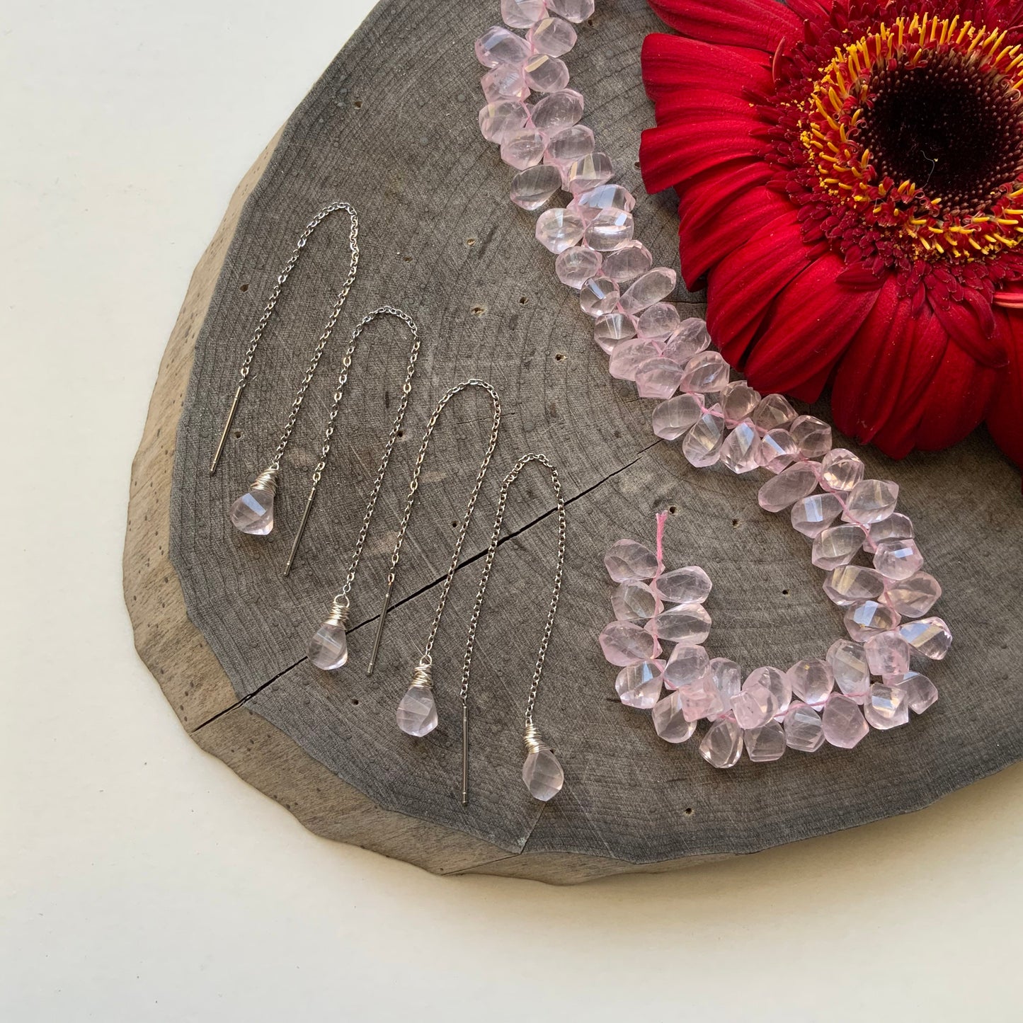 Rose Quartz Threader Earrings: Stainless Steel Chain, Silver Wiring