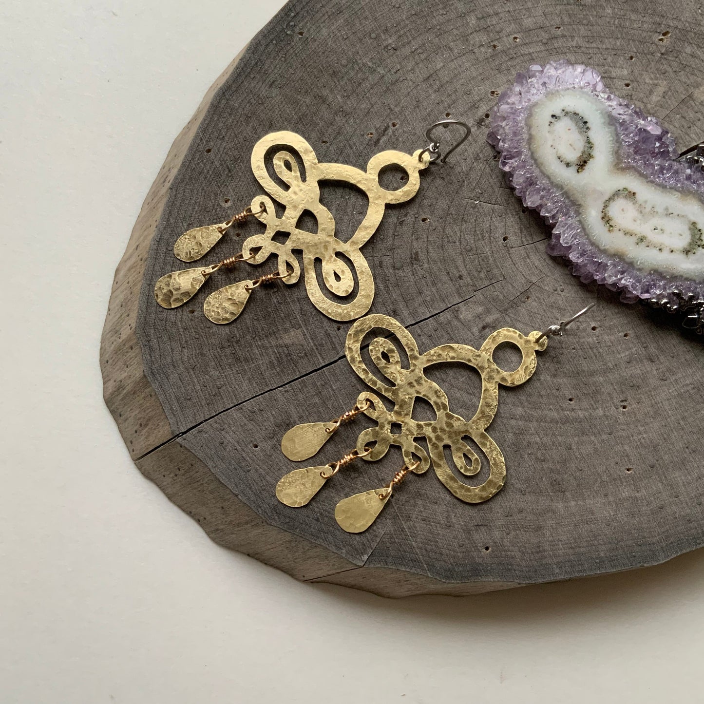 Handmade Hammered Brass Chandelier Earrings: Large Scroll Design