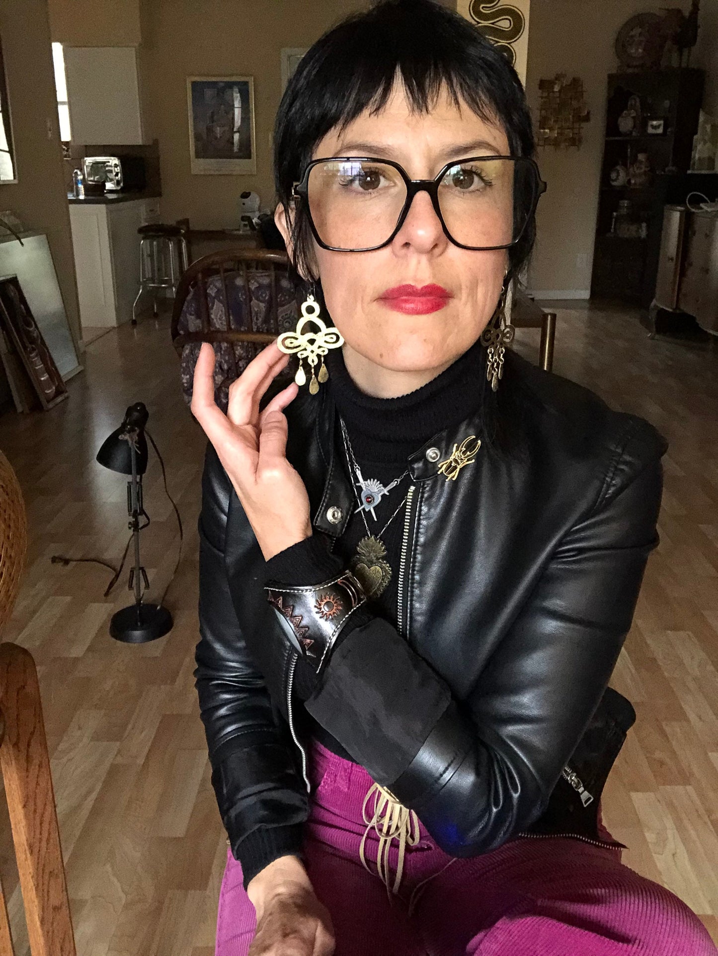 Handmade Hammered Brass Chandelier Earrings: Large Scroll Design