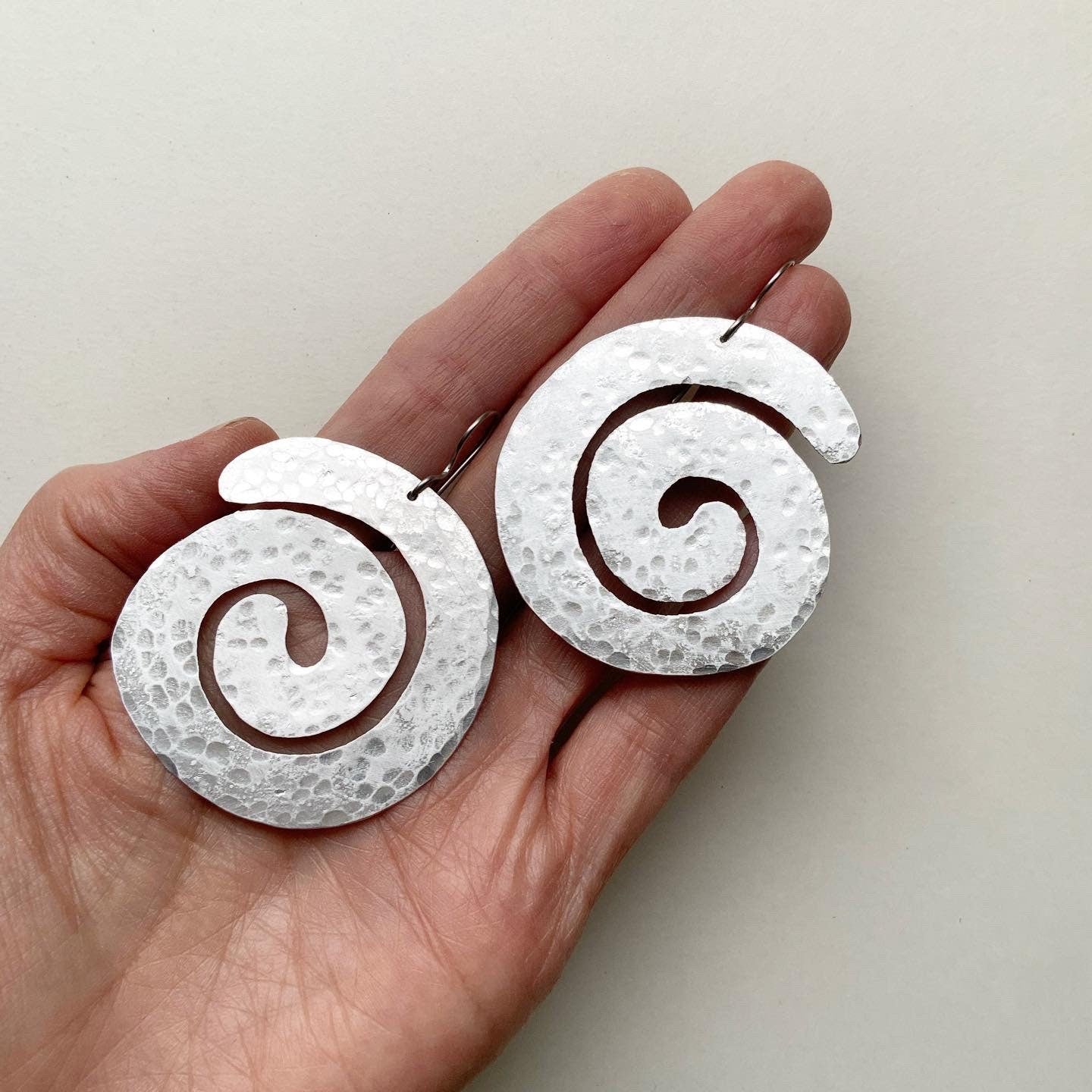 Handmade Big Spiral Dangle Earrings: Aluminum, Copper or Brass